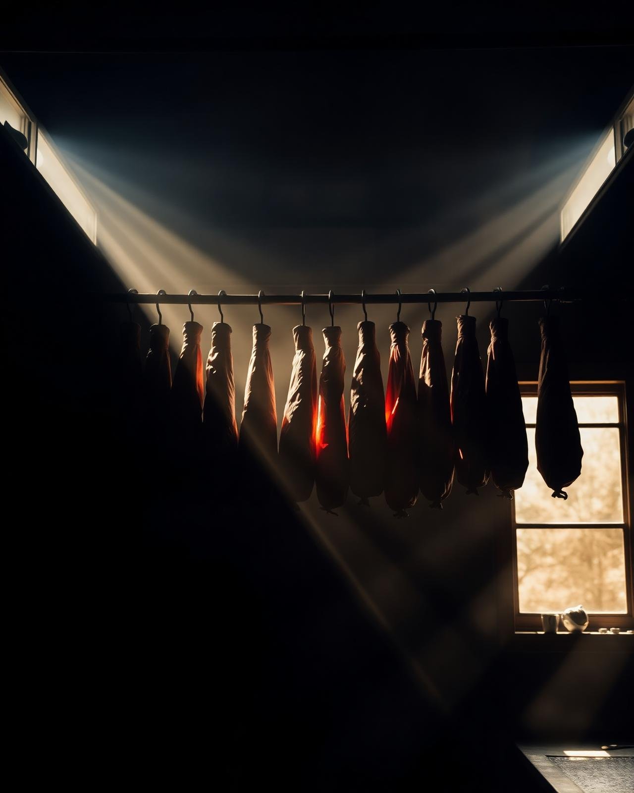 Embutidos pendurados em smokehouse com feixes de luz