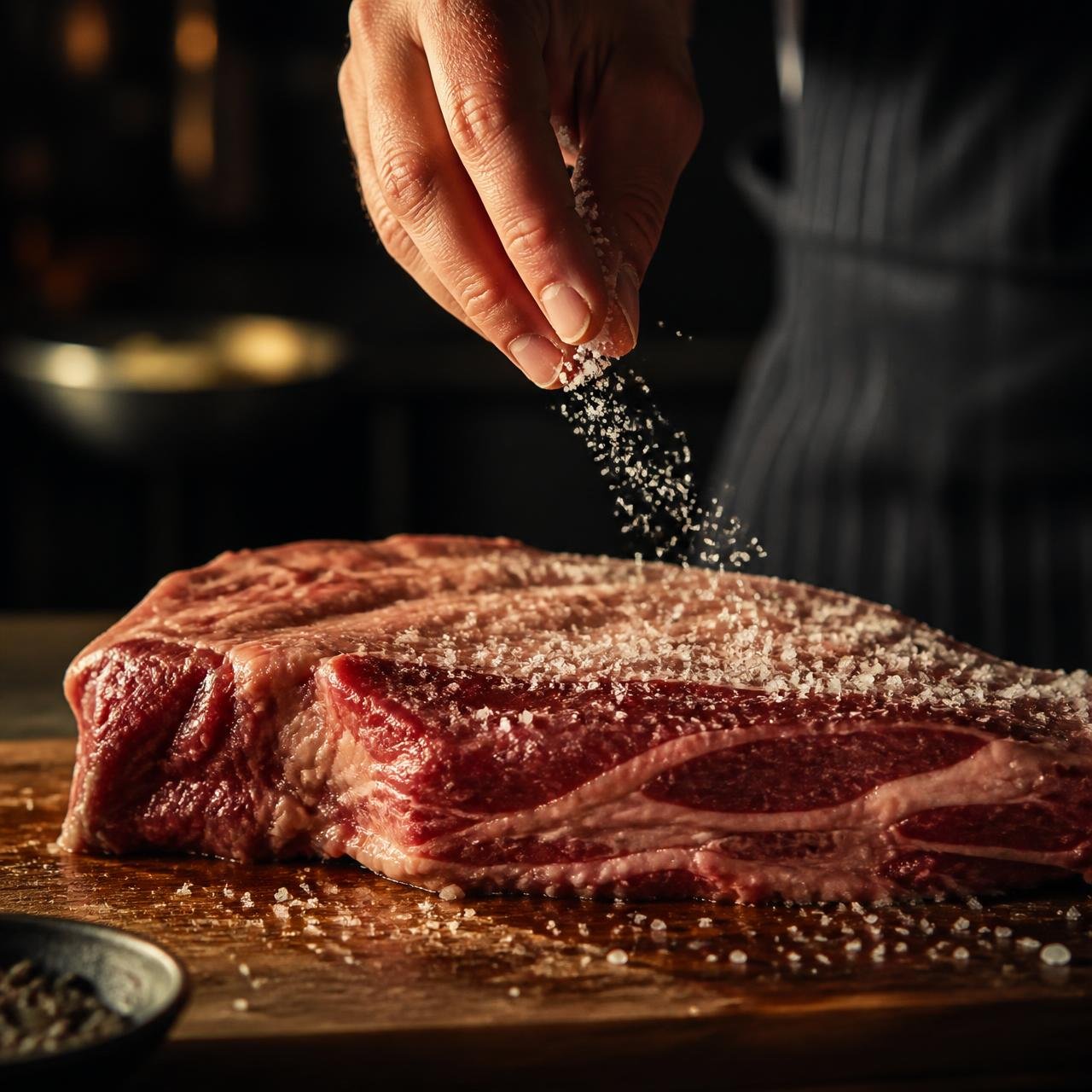 Mãos temperando carne crua com sal grosso