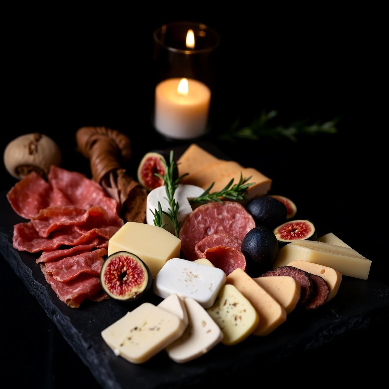 Tábua charcuterie com queijos, figos e ervas